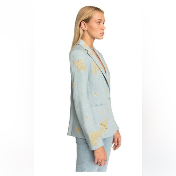 Valentina Shah Gaia Bee Embroidered Blazer Blue Gold NWOT - Picture 2 of 9
